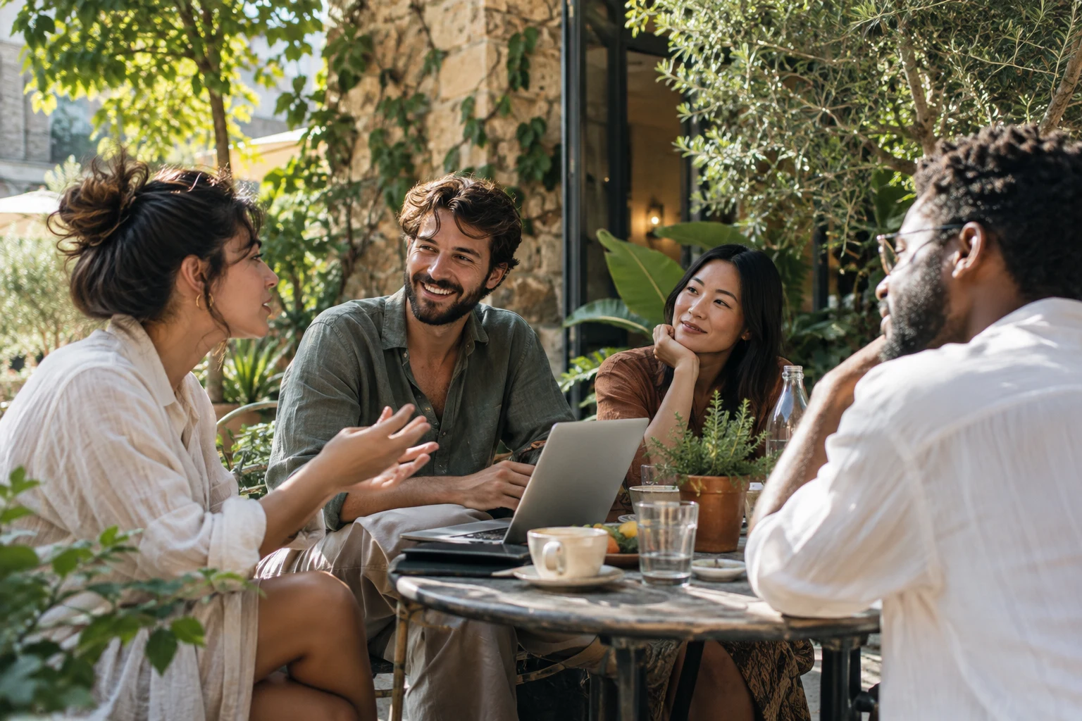 Entrepreneurs exchanging ideas at a cafe