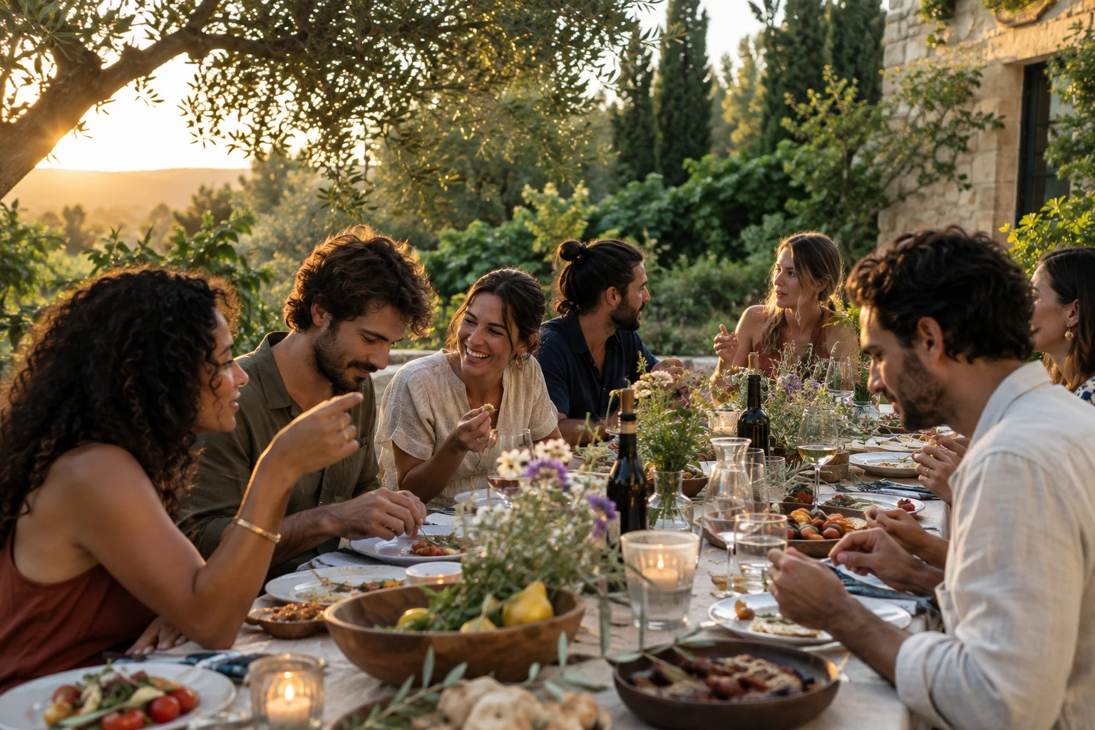 Friends connecting over a long outdoor dinner table