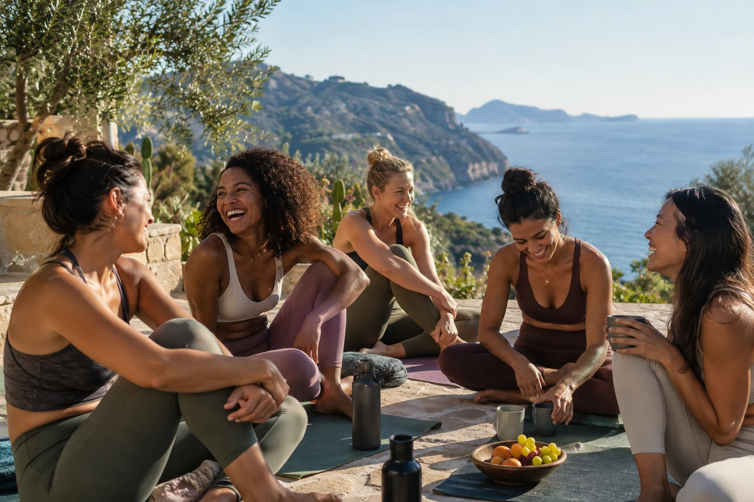 Women gathering on a coastal terrace